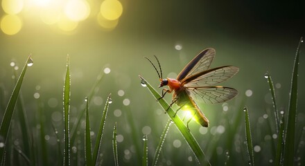 Naklejka premium Macro shot of firefly glowing in the dark on a blade of grass with dew drops, beautiful natural scene with bokeh background, magical insect and outdoor environment, summer night