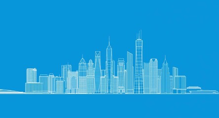 Obraz premium Streamlined line drawing depicting modern skyscraper group in metropolitan skyline