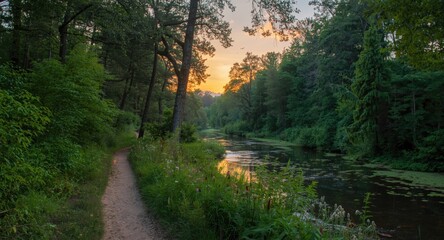 Peaceful forest path alongside a flowing river with dense greenery under warm evening light