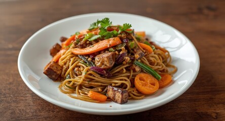Vibrant Thai vegetarian flat noodle stir fry featuring black soy tofu carrots and assorted green vegetables on white plate