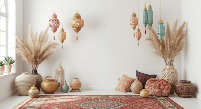 Interior space decorated with Oriental lanterns and Middle Eastern style accessories in a white backdrop