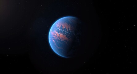 Fototapeta premium shimmering blue and orange planet drifting in vast black cosmic background