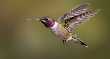 Fototapeta premium Close up portrait of a large hummingbird in flight with vivid feathers