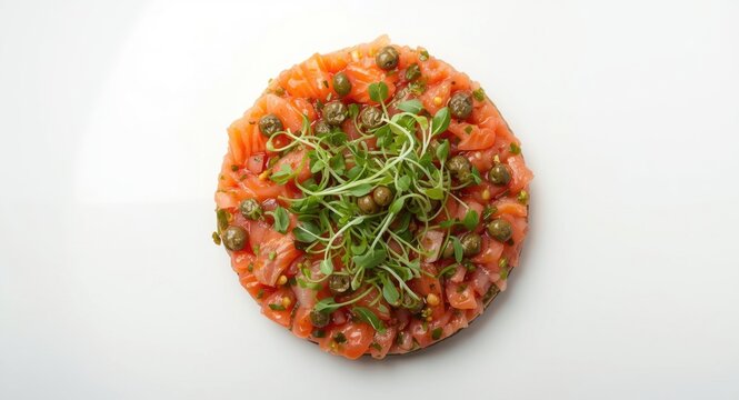 Top view photo of a vibrant mixed fish tartare combining salmon and sea bream with microgreens and capers garnish