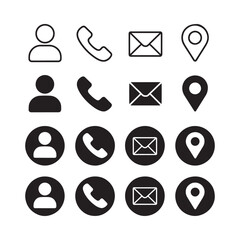 Black and white contact icons person phone email and location symbols