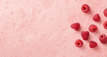 Fresh raspberries on soft rose pink textured surface with generous room for text