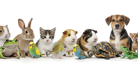 Naklejka na ściany i meble Various domestic pets including rabbit, cat, guinea pig, parakeet, dog, and turtle arranged together on a plain surface