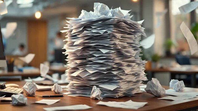 Tall stack of crumpled papers on office desk