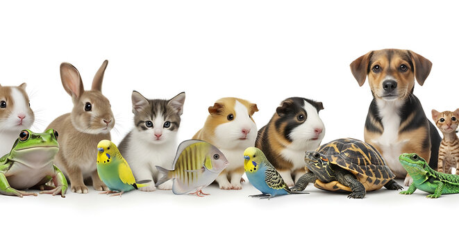Various domestic pets including rabbit, cat, guinea pig, parakeet, dog, and turtle arranged together on a plain surface