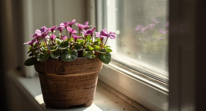 Purple oxalis in rustic wooden flowerpot on a bright window sill
