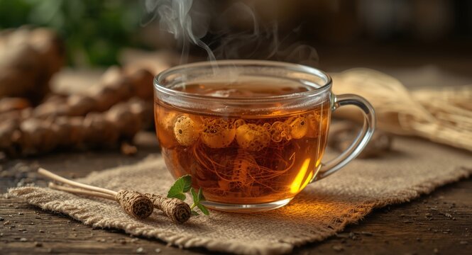Aromatic herbal tea brewed with fresh burdock roots