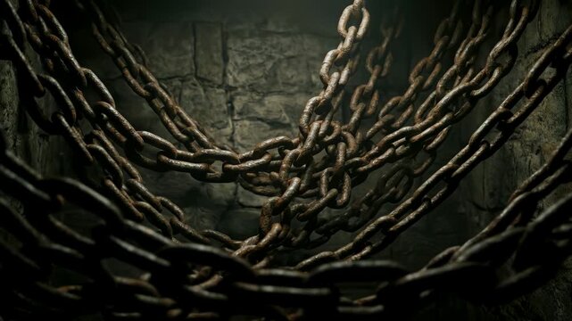 重い鉄鎖に絡め取られた束縛と閉塞感を象徴する心理的圧迫の比喩表現