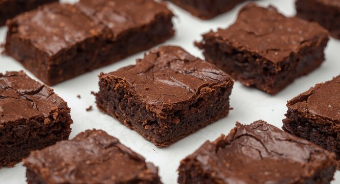 Square chocolate brownies with lush texture placed on a pristine white surface emphasizing homemade baking quality
