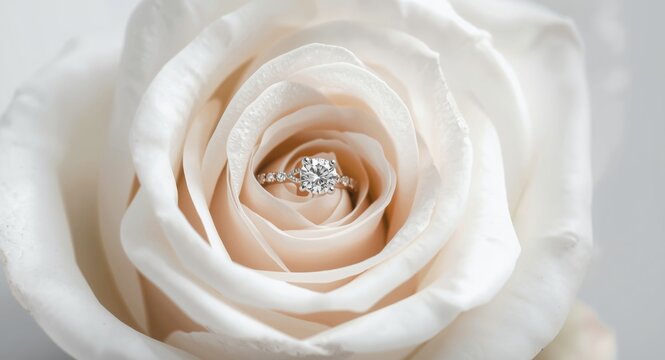 Artistic wedding illustration of a rose with petals shaped like hearts holding a white gold and diamond engagement ring delicately