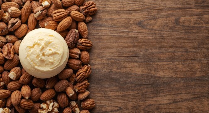 Shea butter and mixed nuts arranged on wooden surface with copy space