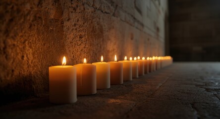 Row of sacred Buddhist candles burning softly beside a bare wall in a temple