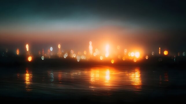 Abstract cityscape at night with glowing bokeh lights reflected on dark water creating a moody atmosphere
