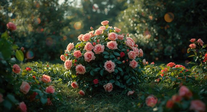 Thriving David Austins roses growing in a vibrant green garden space