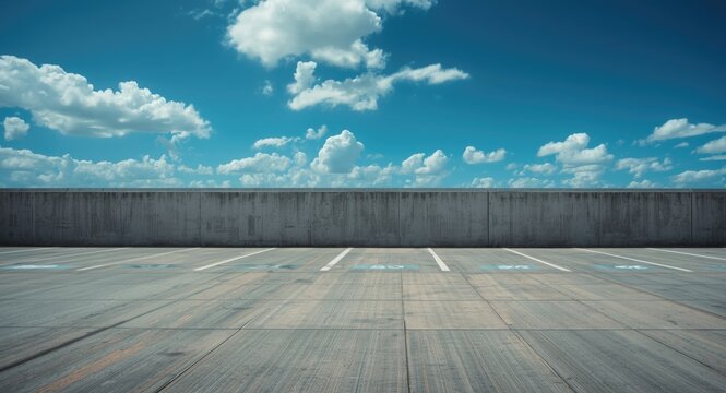 Open concrete parking with labeled spaces left empty and textured gray wall under blue sky
