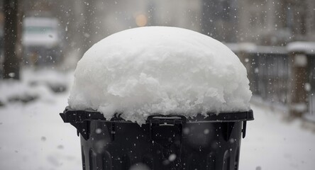 Naklejka premium Snow piled on garbage can after intense winter snowstorm