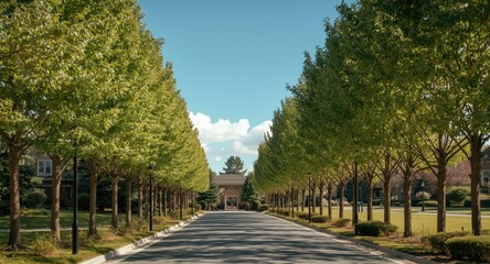 Obraz premium Trees arranged along the approach to a residential community entrance