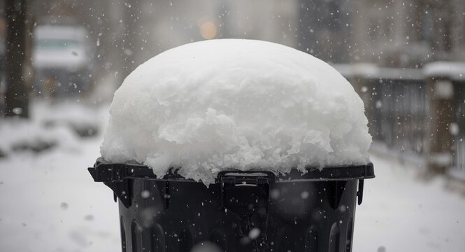 Snow piled on garbage can after intense winter snowstorm