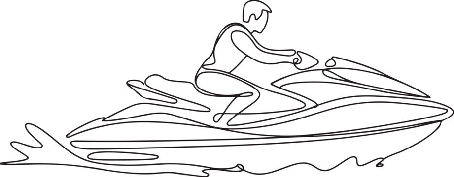 Continuous one line drawing of riding jet ski. One line drawing illustration of jet ski sport. one line Art icon drawing vector