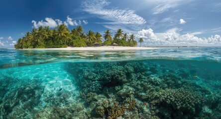 Obraz premium Split composition of tropical island shores and vibrant coral reef ecosystems