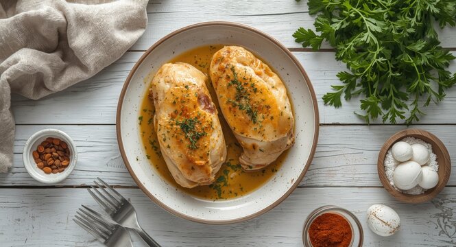 Top down view of golden roasted split chicken breasts flavored with mustard parsley thyme served on white wooden table with cutlery and spices