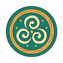 Ancient Celtic Triskele Spiral Symbol on Traditional Emerald Green Shield