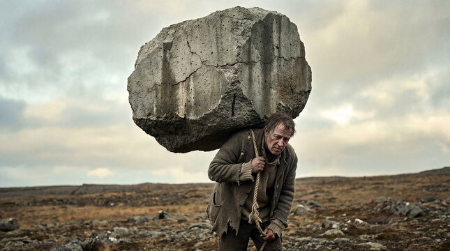 Man struggles with heavy stone on back while walking through rough terrain. Cloudy sky sets moody atmosphere. Concept of construction, manual labor, determination