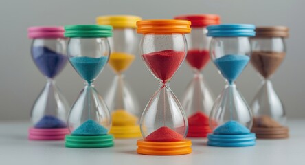 Range of vivid sand timers featuring time concept with empty space for text and clipping path