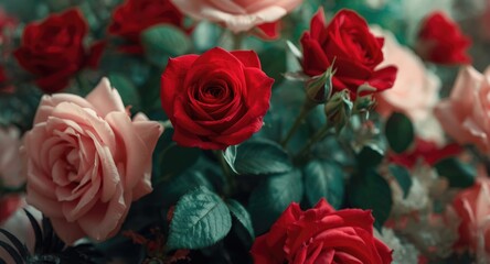 Fototapeta premium Floral backdrop with vibrant close up of pink and red roses and vivid green leaves