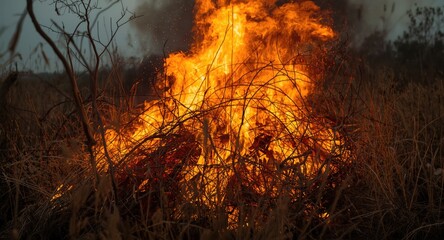 A fierce lighted blaze engulfs twiggy branches and shriveled grass in no time
