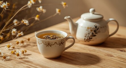 Fototapeta premium Gentle chamomile herbal tea presented in stylish cup and teapot combination