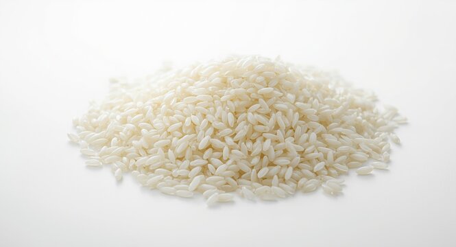 Pile of uncooked white rice grains on a plain white background