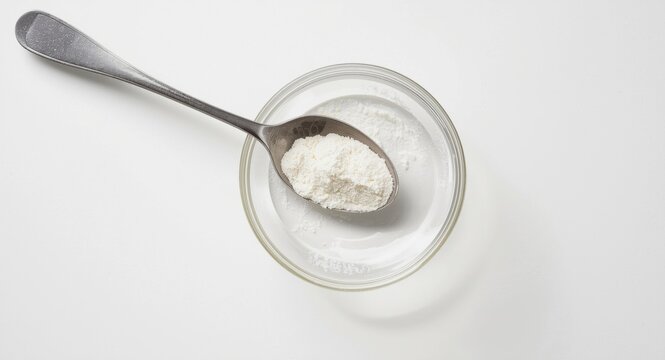 Overhead view of spoon and guar gum powder in glass bowl used for dairy product texture enhancement