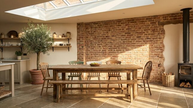 Rustic dining area with wooden table and brick wall in modern home