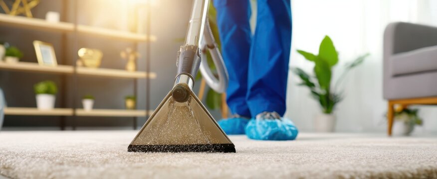 The carpet cleaner extracting dirt from beige living room carpet during professional cleaning