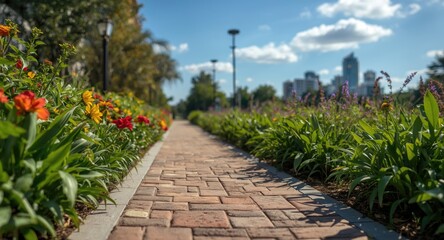 Obraz premium Scenic city path with mixed paving stone design surrounded by lush plants and vivid blooms