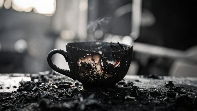 Burnt broken coffee cup smoldering in ashes after a destructive fire