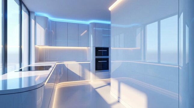 Modern futuristic kitchen interior with sleek white surfaces and blue LED lighting