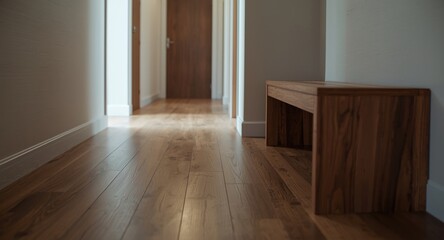 Obraz premium Sleek hallway area with wooden floor panels and bench for shoe storage