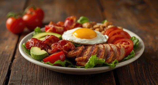 Protein packed Cobb salad with crispy bacon egg avocado chicken and juicy tomatoes low carb ketogenic style