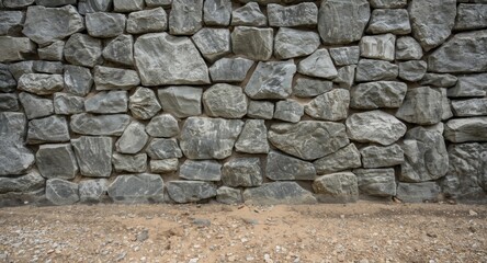 Obraz premium Textured cobblestone wall with large grey bedrock stones juxtaposed with natural soil flooring