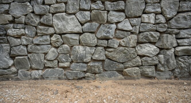 Textured cobblestone wall with large grey bedrock stones juxtaposed with natural soil flooring