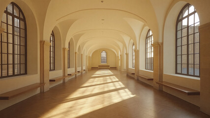 Obraz premium Sunlight fills a long historic hall with vaulted ceilings, arched windows, and wooden benches