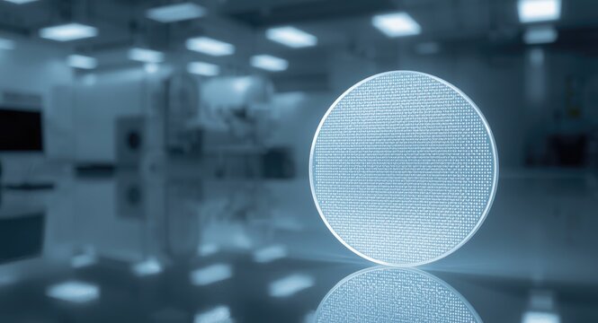 Silicon wafer glowing in bright light at an innovative semiconductor fabrication center for chip production