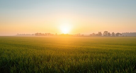 Bright sunrise enhancing calm crop fields at daybreak