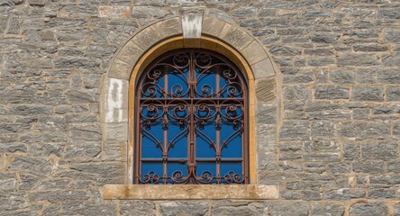 Obraz premium Decorative arched window displaying curved steel elements and historic stone walls